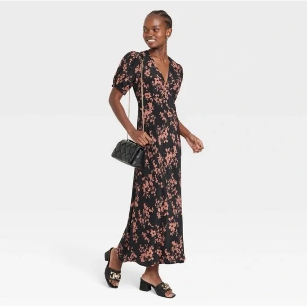 M6 A New Day Black Terracotta Floral Midi Dress XS Puff Sleeve FeminineCottage